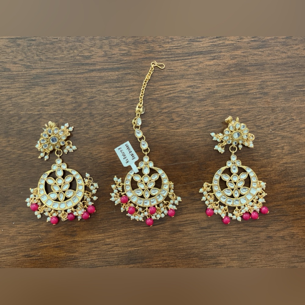 Aheli Indian Traditional Wedding Faux Kundan Beads and Pearls Earrings Set
